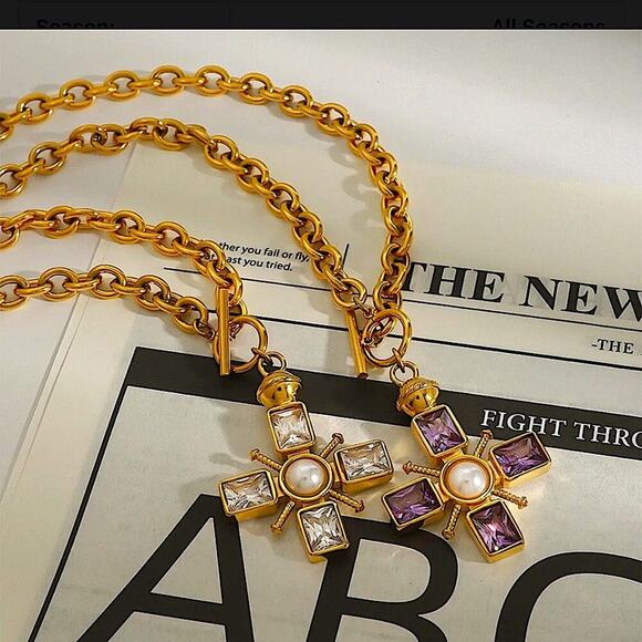 Crystal Pearl Cross Pendant Necklace Stainless Steel Gold Plated - Picture 7 of 9
